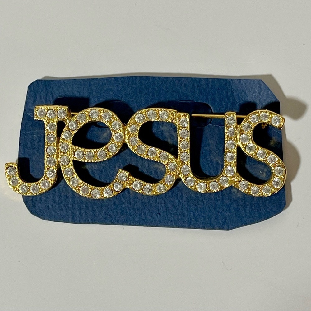Jesus Gold Embossed Vintage Brooch with Cubic Zirconia,  Gemstones Religious​​​